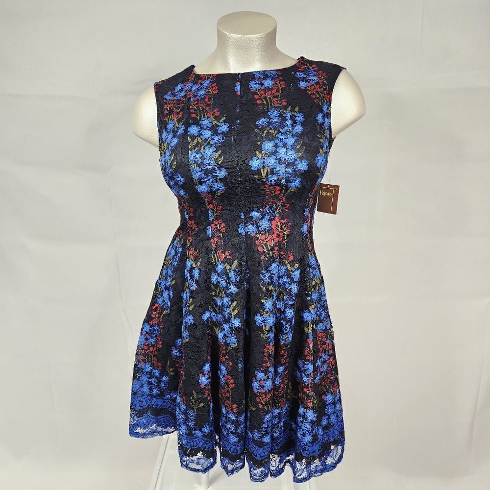 NWT Melonie T Lace Floral Sleeveless Fit & Flare Dress Black Blue Red Sz 14